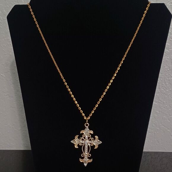 Gold-Tone Rhinestone Cross Pendant Necklace, 18" - Picture 1 of 3